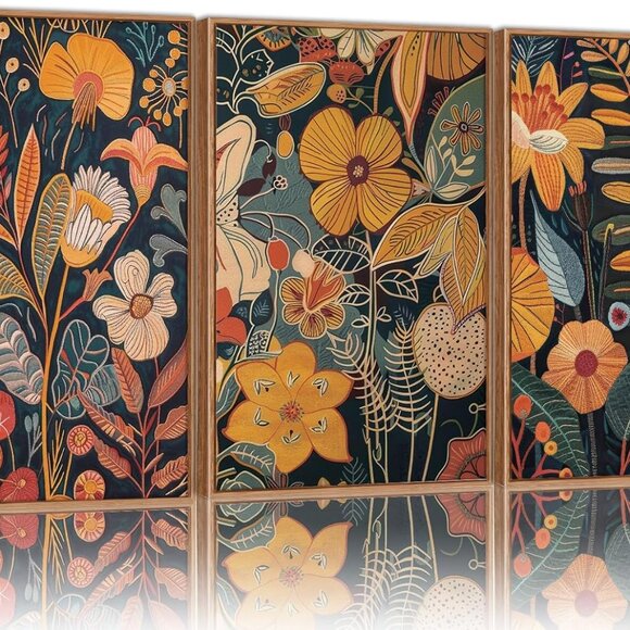 Elegant Set of 3 Mid-Century Modern Orange Floral Framed Wall Art 16
